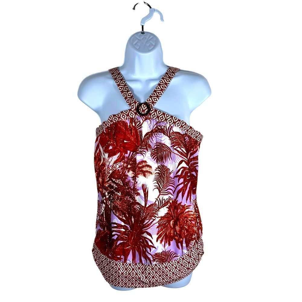 Jantzen Brown and Lilac Palm Tree Print Halter Style Tankini